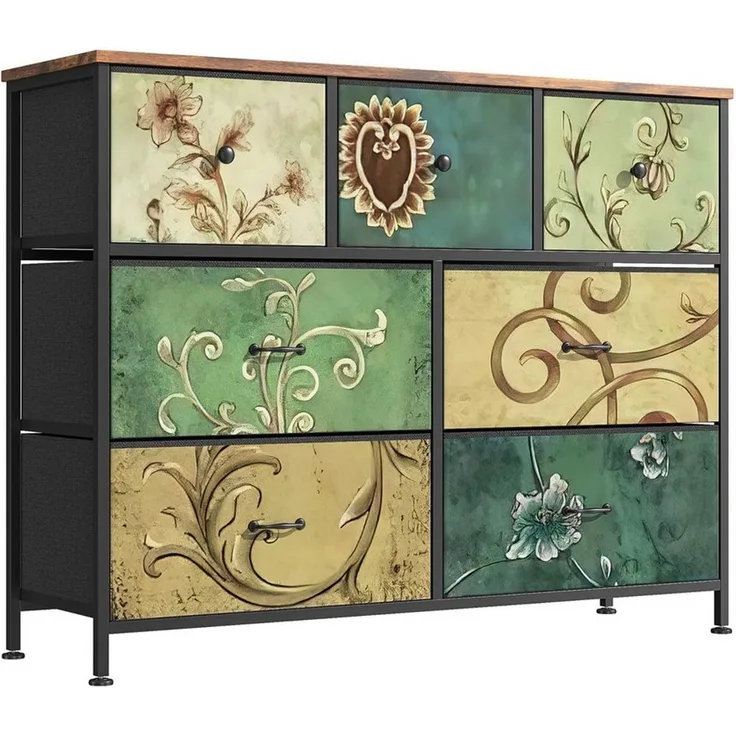 FUROKOY Kommode Stauraumschrank,Schrank Schlafzimmer,Metallrahmen,Retro Stil, Blumenmuster,7 Schubladen