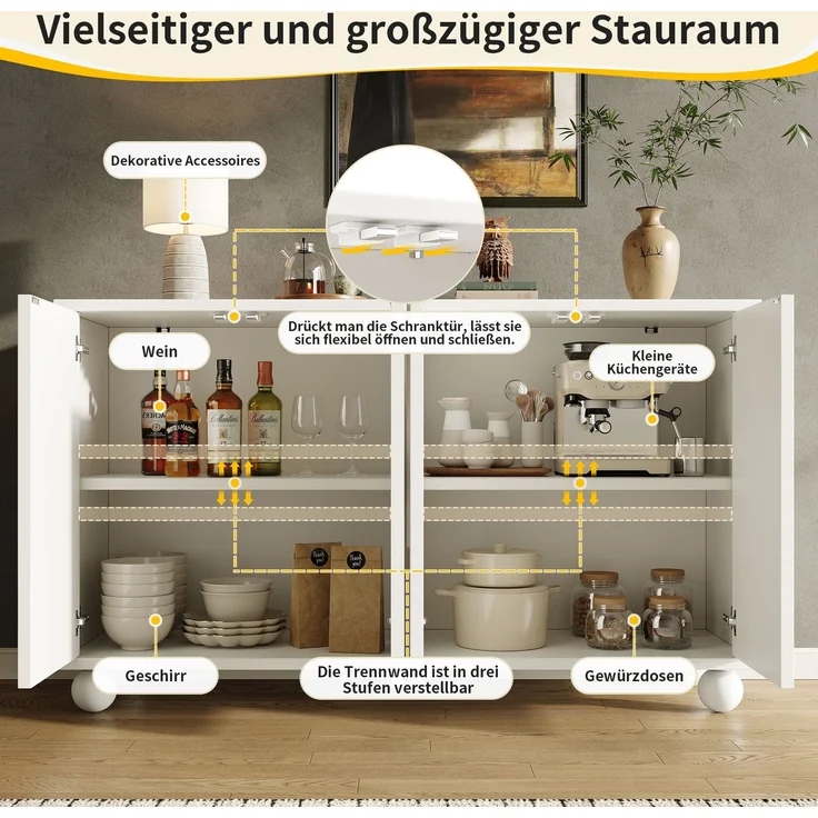 Sideboard 120x35x71 cm mit verstellbarer Ablage – weiß, MDF und Metall – Bild 5