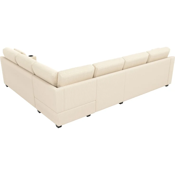 Ecksofa 277x215x85 cm in Beige mit Cordbezug, USB-Anschluss und Getränkehaltern – Bild 9