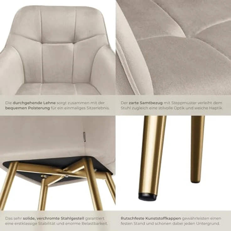 tectake Esszimmerstuhl Polstersessel gepolstert, in Samtoptik, gesteppt, 58 x 62 x 82 cm (Küchenstuhl Marilyn in taupe/gold, 4 St), schlanke, goldene Stahlbeine, bodenschonend, Belastbarkeit 120 kg – Bild 8