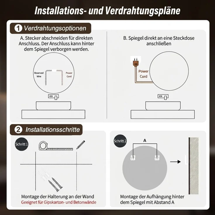 Abrihome LED-Badezimmerspiegel mit 3 Farbtemperaturen, Dimmfunktion und Anti-Beschlag-Funktion, Silber, Ø 80 cm – Bild 4