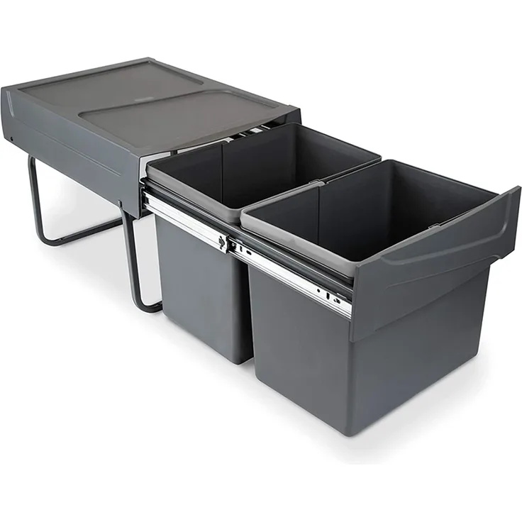 Emuca Küchenabfalleimer mit unterseitiger Befestigung, 2 ausziehbarer 15 L Recycle-Mülleimer, Gesamtkapazität 30 L (2x15 L), Stahl und Kunststoff, Anthrazitgrau.