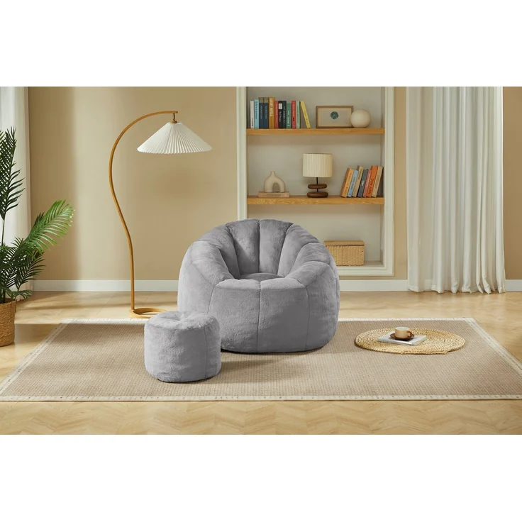 Weicher Blüten-Sitzsack für Erwachsene mit Fußhocker, vakuumverpackt ohne Montage, ideal für Wohnzimmer, Schlafzimmer & Balkon,Hellgra--Grau--105x105x70cm--YOUDENOVA – Bild 6