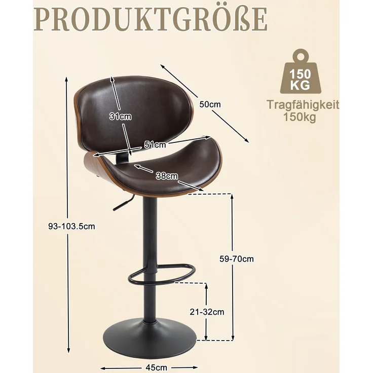 LVHOM Barhocker 2er Set, Höhenverstellbarer Barstuhl mit Bugholz-Rückenlehne und Fußstütze, drehbare Küchenhocker, gepolsterter Tresenhocker aus PU-Leder, Braun – Bild 6