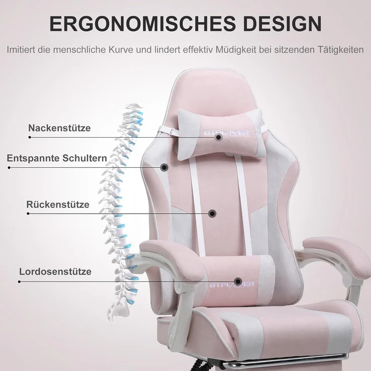 GTPLAYER Bürostuhl Gaming Stuhl Massage Gaming Sessel Ergonomischer Gamer Stuhl mit Fußstütze, Kopfstütze Massage-Lendenkissen, Gepolstert Game Chair, Drehsessel Stoff – Bild 2
