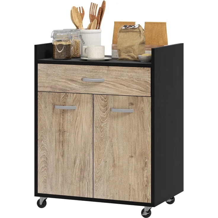 Wohnora-Küchenwagen mit Rollen, Schublade, 2-türigem Schrank, Ablage, graue Holzoptik, schwarz,H 770cm x T 600cm x B 400cm