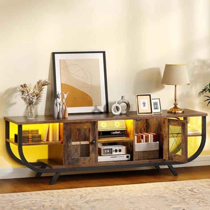 YITAHOME Industrielles TV-Schrank,140cm TV Lowboard für Fernseher bis zu 55 Zoll mit LED-Beleuchtung,Wohnzimmer Fernsehschrank TV Board mit Offenen Stauraum,Vintagebraun – Bild 5