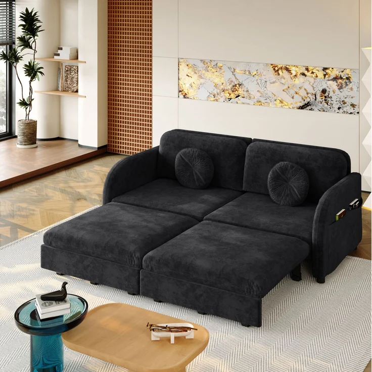 Schlafsofa Chenille, 3-in-1 ausziehbar mit Stauraum, 166x84x90 cm, Schwarz – Bild 2