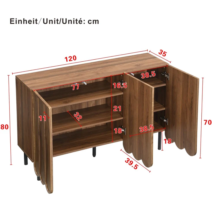 Modernes holzfarbenes Sideboard mit Wellentüren – 120x35x80 cm – grifflos, verstellbare Regale – Stauraum für Wohnzimmer, Flur & Esszimmer – Bild 5