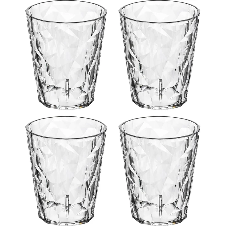 Koziol Superglas Club No. 1 – 4er Set Trinkgläser à 250ml, unzerbrechliches Wasserglas Set aus Kunststoff, Kristallgläser, stapelbar, spülmaschinenfeste Wassergläser, für Gartenparty, Camping, Cocktail