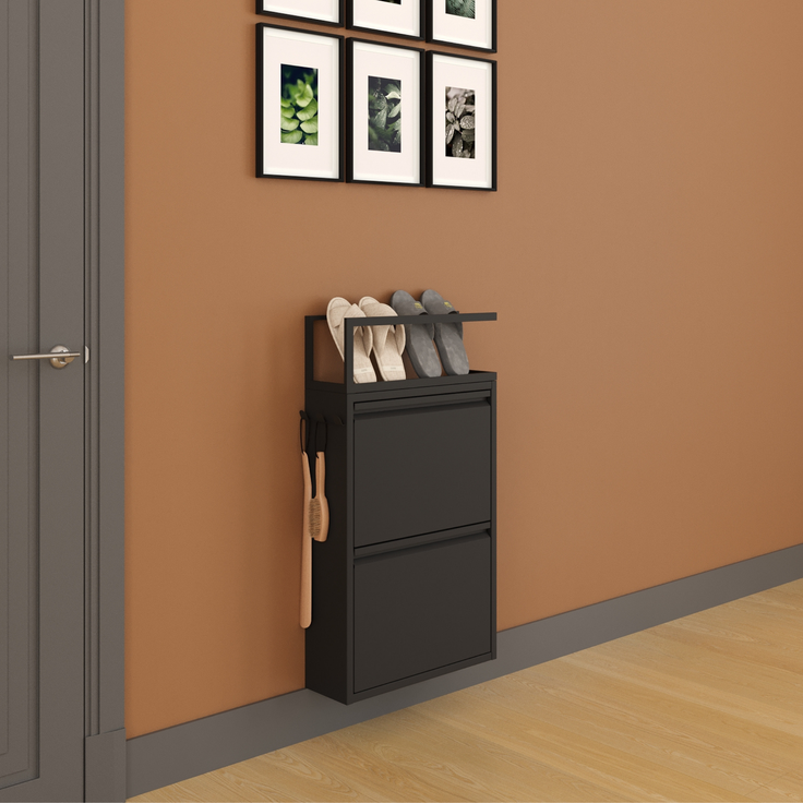 Schuhkipper mit Zubehör, Schwarz, 2 Klappen 52x15x85,5 cm, Pantoffelregal, Hakenleiste – Bild 5