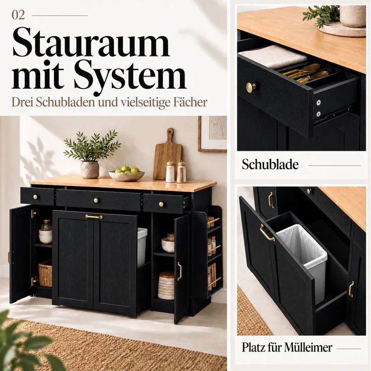 Sideboard 136x65x90 cm mit 3 Schubladen und 2 Türen – MDF, Schwarz und Natur – Bild 8