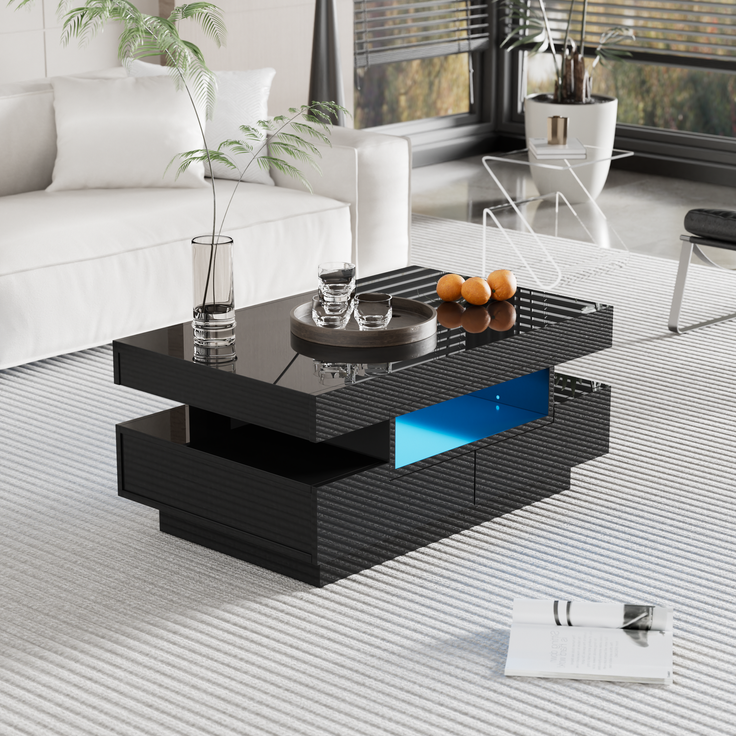 Merax Couchtisch, Hochglanzoberfläche, mit LED-Lichtleiste, mit 4 Schubladen, Schwarz