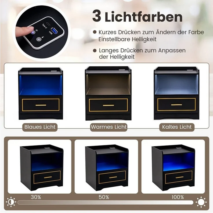 COSTWAY Nachttisch (1-St), LED, 3 Farben, mit Schublade&USB-Anschluss, Holz, Schwarz – Bild 3
