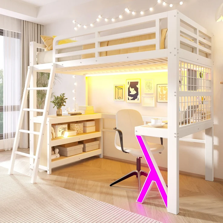 Merax Hochbett, 90 x 200 cm, Kinderbett, Einzelbett mit Tisch, LED - Lichtleiste, Aufbewahrungsschrank, Ohne Matratze, Weiß – Bild 2