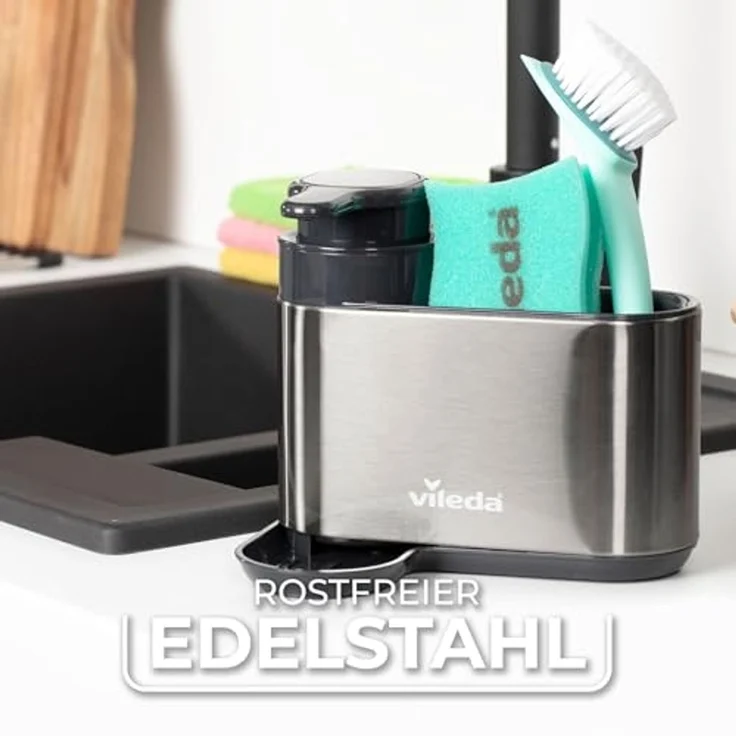 Vileda Küchenorganizer-Set Spülbeckenorganizer mit Seifenspender Edelstahl, (Set, Set), mit Seifenspender für Schwämme & Bürsten – Bild 3