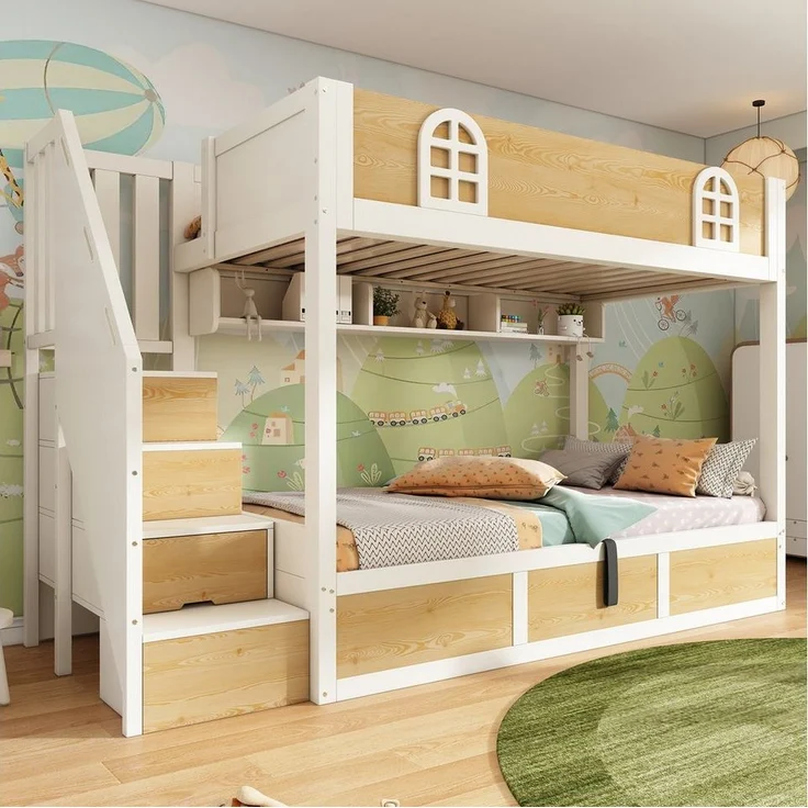 MODFU Hochbett Sicheres Etagenbett mit Rausfallschutz & Treppenschrank (1-St, Aus robustem Holz für ein stabiles und langlebiges Kinderzimmer) Zwei Einzelbetten à 90x200 cm, inkl. Lattenroste(ohne Matratze) – Bild 5