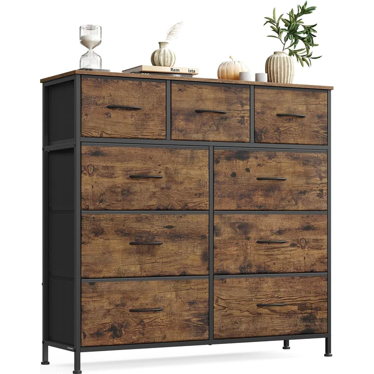SONGMICS Kommode, Schrank, 9 Stoffschubladen, Aufbewahrungsschrank, Stahl, MDF, Vliesstoff, für Schlafzimmer, Flur, Wohnzimmer, vintagebraun-tintenschwarz LGS324BH04