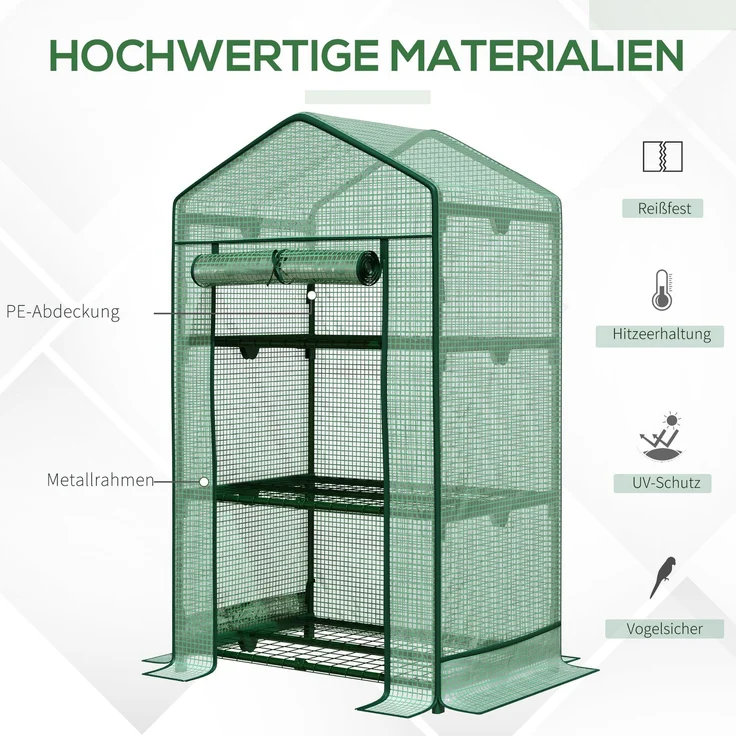 Mini-Gewächshaus Anzuchtgewächshaus mit Folienabdeckung und 3 Regalböden Regale Rolltür Gemüsebeet--Grün--125x49x69cm--YOUDENOVA – Bild 6
