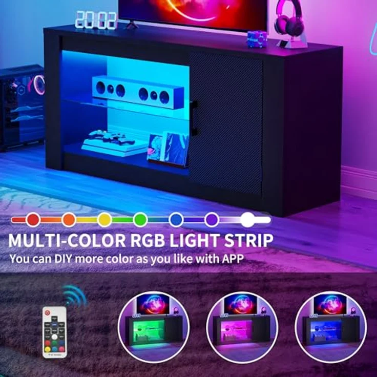 YITAHOME TV Schrank, TV Lowboard LED Schwarz - Fernsehschrank Fernsehtisch mit RGB-LED-Leuchten Lowboard Glasregal Fächern für 43 Zoll & kleinere TVs,für Wohnzimmer Schlafzimmer, B106 x H50 x T35 cm – Bild 5