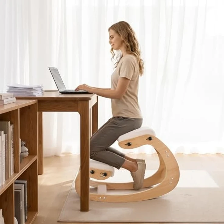 VEVOR Ergonomischer Kniehocker mit Dicken, Integrierten Schaumstoffpolstern & Massivholzrahmen, Höheneinstellbarer Kniestuhl zur Entlastung von Nacken und Rücken, Ideal für Zuhause, Büro, Beige – Bild 2