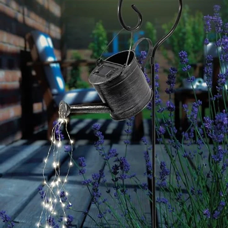 esotec LED Gartenleuchte Solar Steckleuchte Gießkanne + Lichterbündel, H=79cm, METALL 102387, automatisches Einschalten bei Dämmerung, LED fest integriert, warmweiß, LED-Lichterfäden, Komplettset – Bild 2
