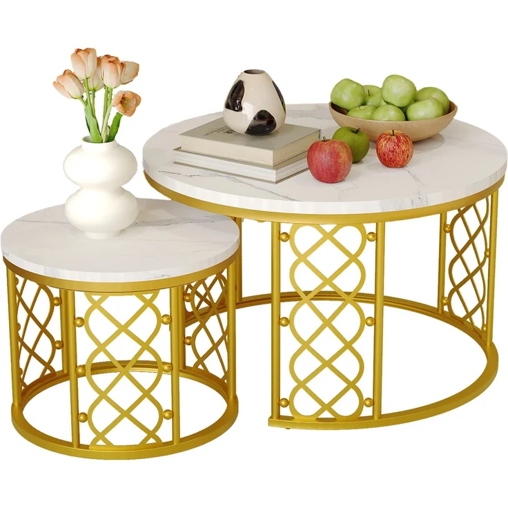 2er-Set Couchtisch aus MDF mit Marmoroptik & goldfarbenem Metallgestell, nestbar, 70x70x45 cm + 45x45x37 cm – Bild 8