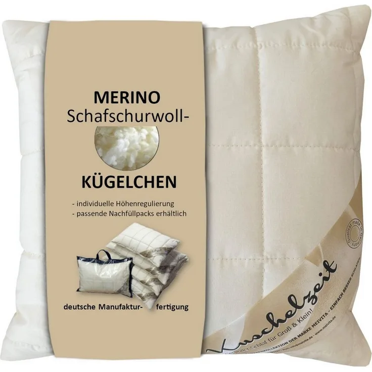 Meivita Naturhaarkissen Merino Kopfkissen mit Schafschurwollkugeln, Füllung: 100% Wolle (Schurwollkügelchen), Bezug: 100% Baumwolle untersteppt mit 100% Wolle (Merino Schafschurwollvlies), Rückenschläfer, Seitenschläfer, Bauchschläfer, Kissen Hergestel...