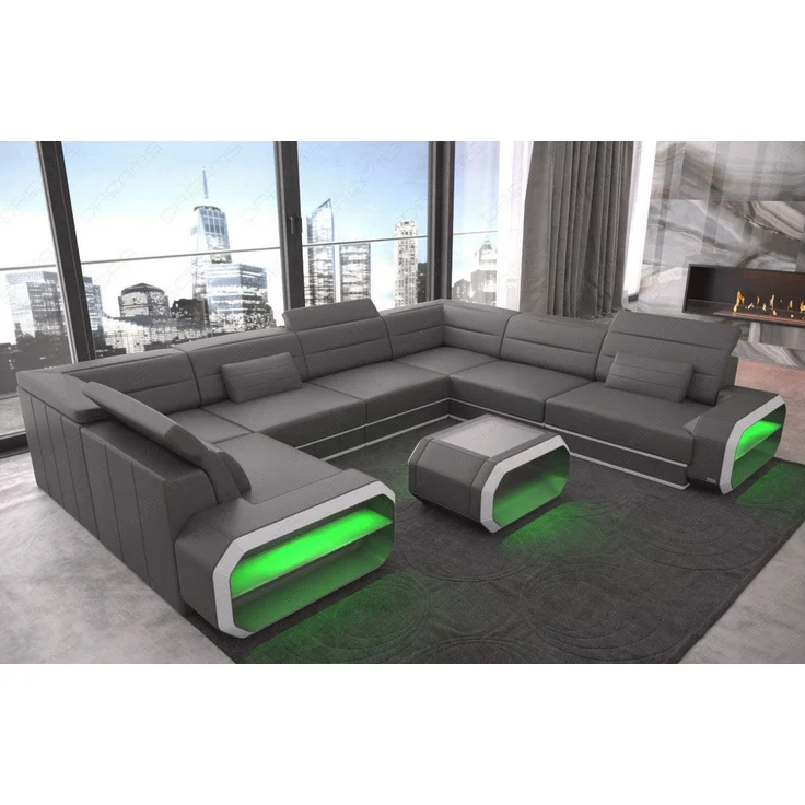 Leder Wohnlandschaft Verona U-Form – Komfort - Echtleder - grau-weiß - Rechts – Bild 2
