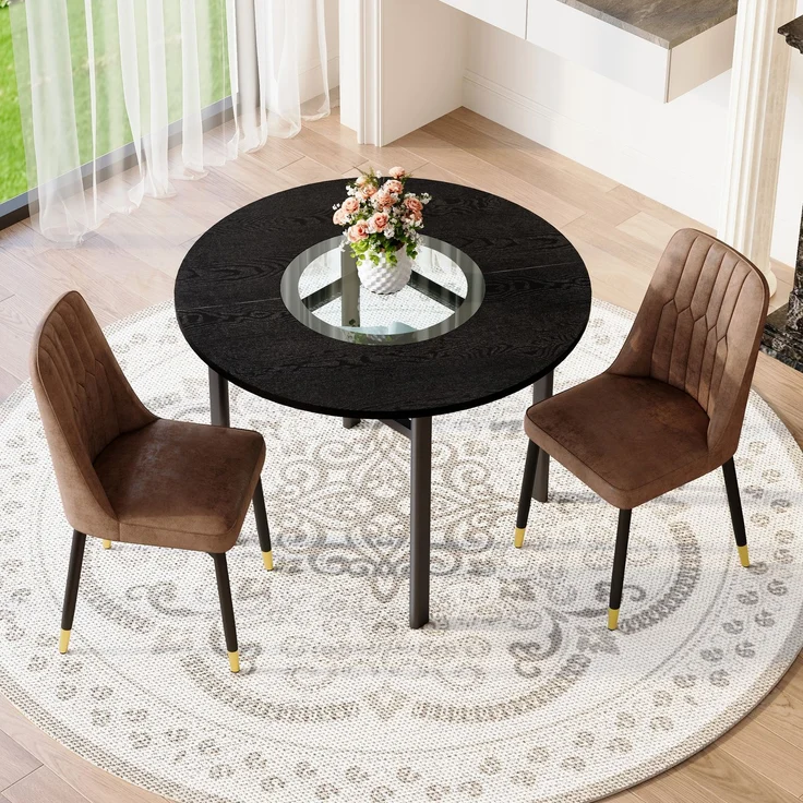 Modernes minimalistisches Rundtisch-Set (mit 2 braunen Sesseln aus Tech-Stoff und schwarzen Metallbeinen), runder Tisch mit 100 cm Durchmesser in schwarzer Holzoptik, geeignet für Wohnzimmer.--Braun + Schwarz--113.5x63x22cm--YOUDENOVA – Bild 2