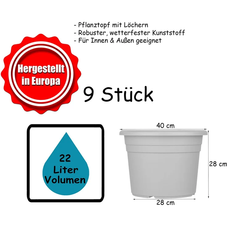 BigDean 9X Blumentopf Ø 40 cm Farbe Anthrazit Kunststoff Pflanztopf Containertopf Übertopf Pflanzkübel rund 40 x 28 cm – Bild 5