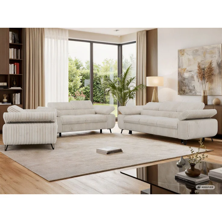 Sofagarnitur PETER 1-2-3 mit Schlaffunktion, verstellbare Kopfstützen, verstellbare Armlehnen, freistehend, Wellenfederung, Polstermöbel-Set, 3-teilig, Couchgarnitur - Beige Cord – Bild 1