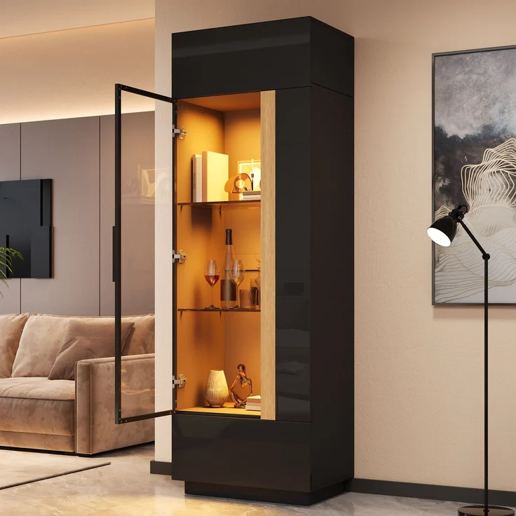 ZUBALIYA Vitrine (60 x 40 x 180 cm), LED - Beleuchtung, Glastüren, Aufbewahrung für Sammlerstücke, Geschirr und Dekoration, Schwarz – Bild 8
