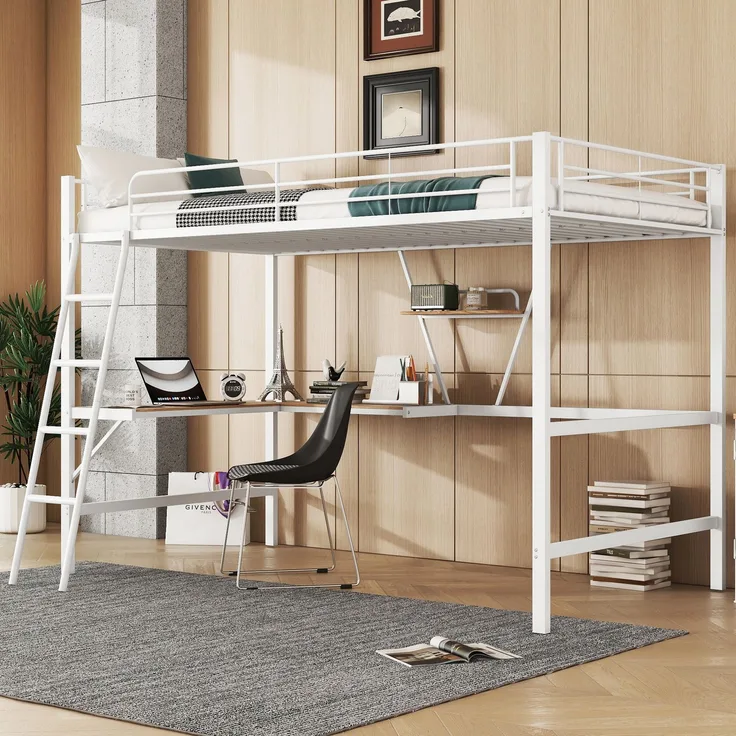 Hochbett, 90x200cm Bettgestell Metallbett, Eisenbett, Hochbett mit L-förmigem Schreibtisch und einem Regal für Kinder, Jugendliche und Erwachsene, Ohne Matratze, Weiß