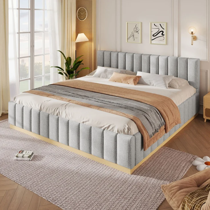 Polsterbett, Doppelbett, 180 x 200 cm, Bett mit Lattenrost, Kopfteil,Gepolstertes Kopfteil, Ohne Matratze, Grau Chenille – Bild 1