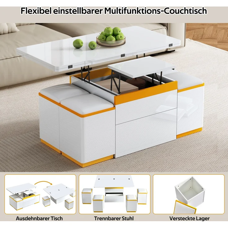 EINHOM Moderner Weiß Hochglanz-Couchtisch, Stilvoller Beistelltisch, Multifunktionaler, Höhenverstellbarer Couchtisch, Klappbarer Esstisch/Wohnzimmermöbel, 100 x 50 x 43 cm (L x B x H) – Bild 5