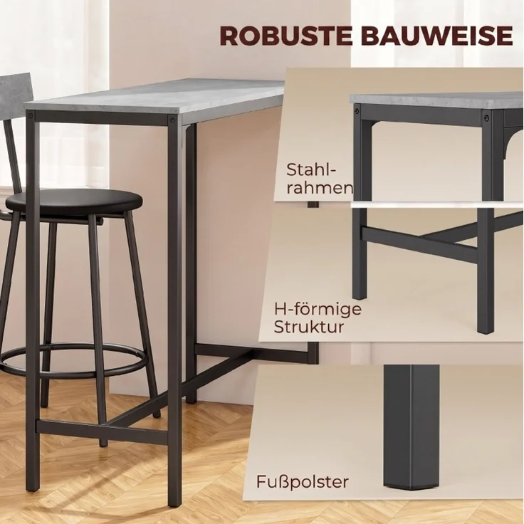 Bartisch-Set, 3-teilig mit 2 gepolsterten Barhockern, 100x40x90,5 cm, Grau – Bild 8