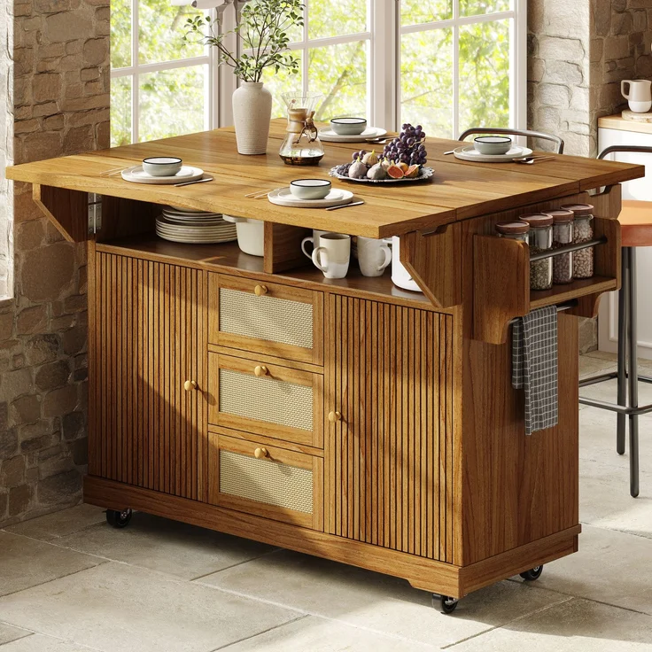 Küchenwagen mit Klappplatten, B 142,5 x T 80 x H 95 cm, MDF und PE-Rattan, erweiterbar – Bild 4