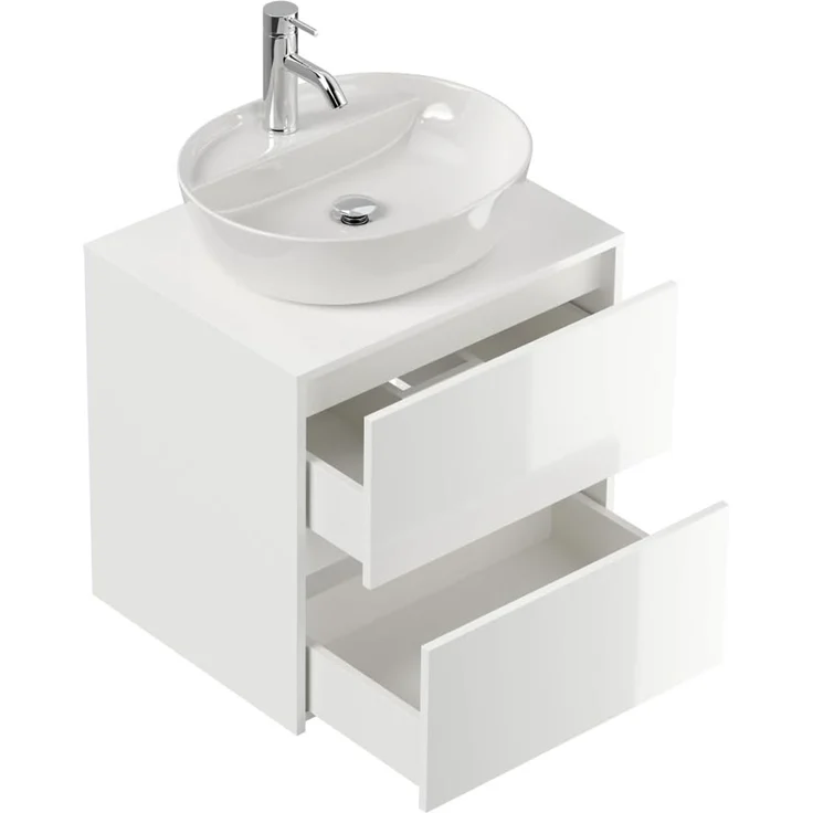Badmöbel Taifun 60cm mit ovalem Aufsatzwaschbecken weiß Hgl : Weiss hochglanz – Bild 4
