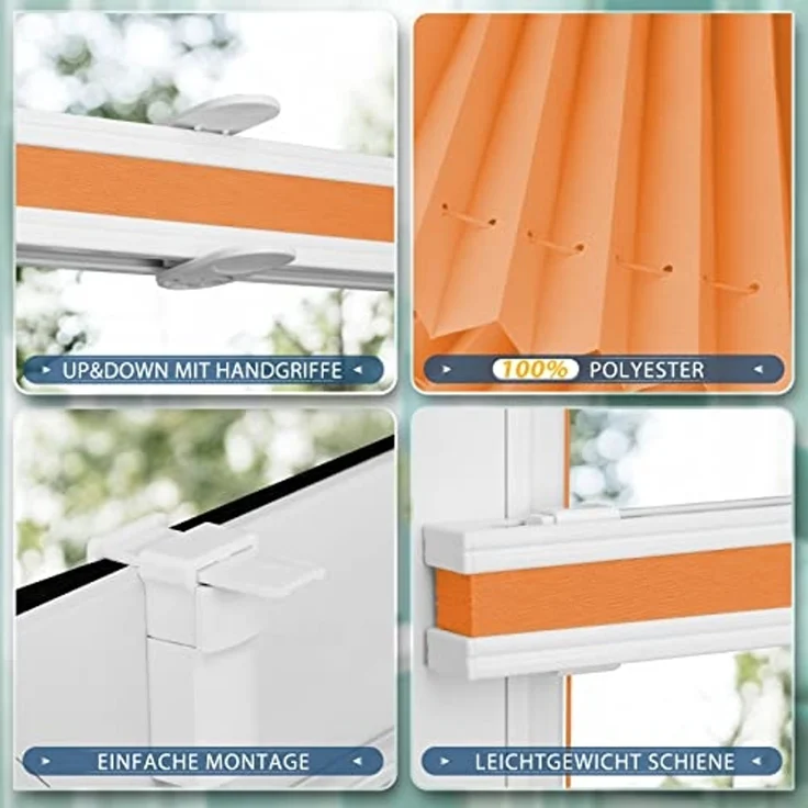 Sanfree Plissee Klemmfix Plisseerollo ohne Bohren Orange B85 x H120cm inkl. Klemmträger Blickdicht und lichtdurchlässig Jalousie Faltrollo Sichtschutz und Sonnenschutz Rollo für Fenster & Tür – Bild 3