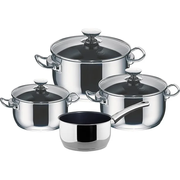 Berndes Injoy Special Edition Kochtopfset, 7-tlg, Topfset, Kochtopf mit Glasdeckel, Stieltopf, Antihaftversiegelung, Edelstahl, Silber / Schwarz, 063101