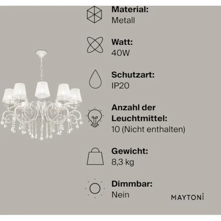 Maytoni Grace Kronleuchter 10 x E14, Vintage Hängelampe in Weiß/Gold mit Kristallen, höhenverstellbar für Wohnzimmer, Esszimmer, Schlafzimmer – Bild 4