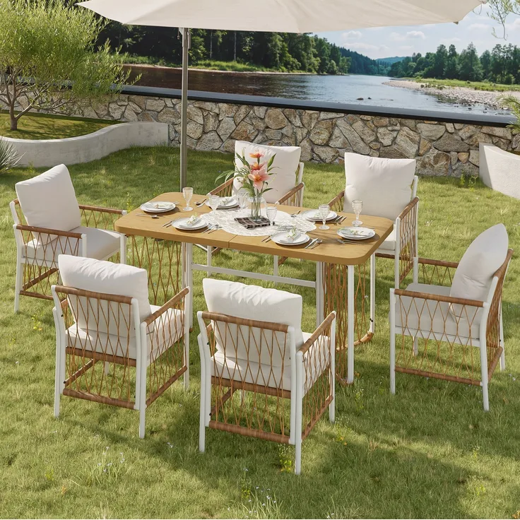 Gartenmöbel-Set mit 6 Stühlen, Tisch in Holzoptik, 159,5x77,5x75 cm, Beige/Braun/Natur