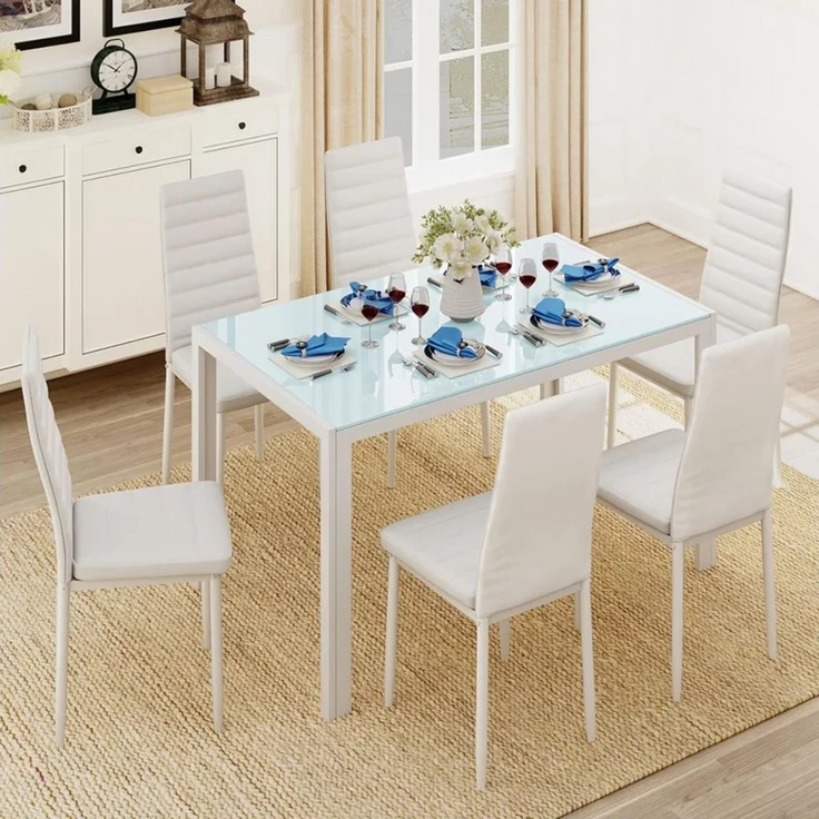 Blishom Essgruppe 7-tlg. Essgruppe aus Glas-Esstisch und 6 Kunstleder-Esszimmerstühle, Esszimmer Set 7-tlg. Glas Tisch 130 cm, Leicht zu reinigen – Bild 1