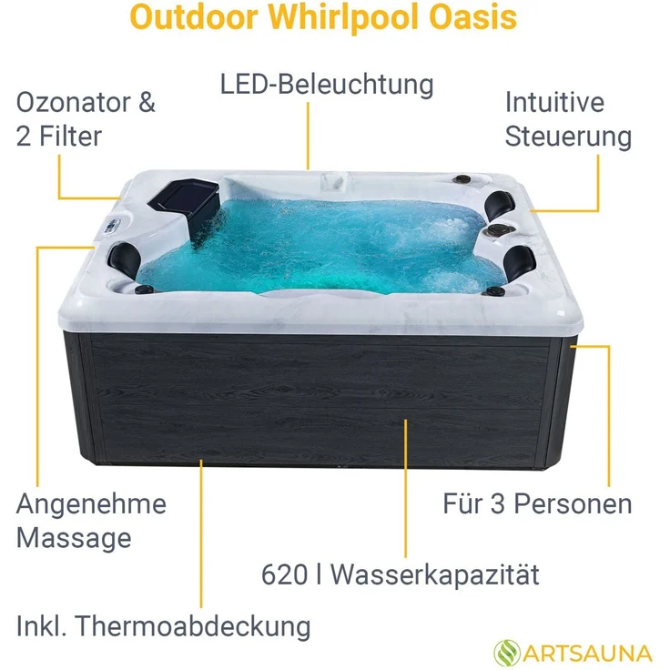 Artsauna Outdoor-Whirlpool 'Oasis', Spa mit Massagedüsen, LED-Beleuchtung, 2 Filtern, Abdeckung & Pumpe – winterfest & beheizbar – Bild 2