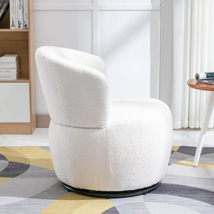 Schaukelstuhl aus Teddyplüsch in Weiß mit 360° Drehfunktion, ergonomischer Lendenstütze und Holzrahmen, Loungesessel mit Metallfuß – Bild 2