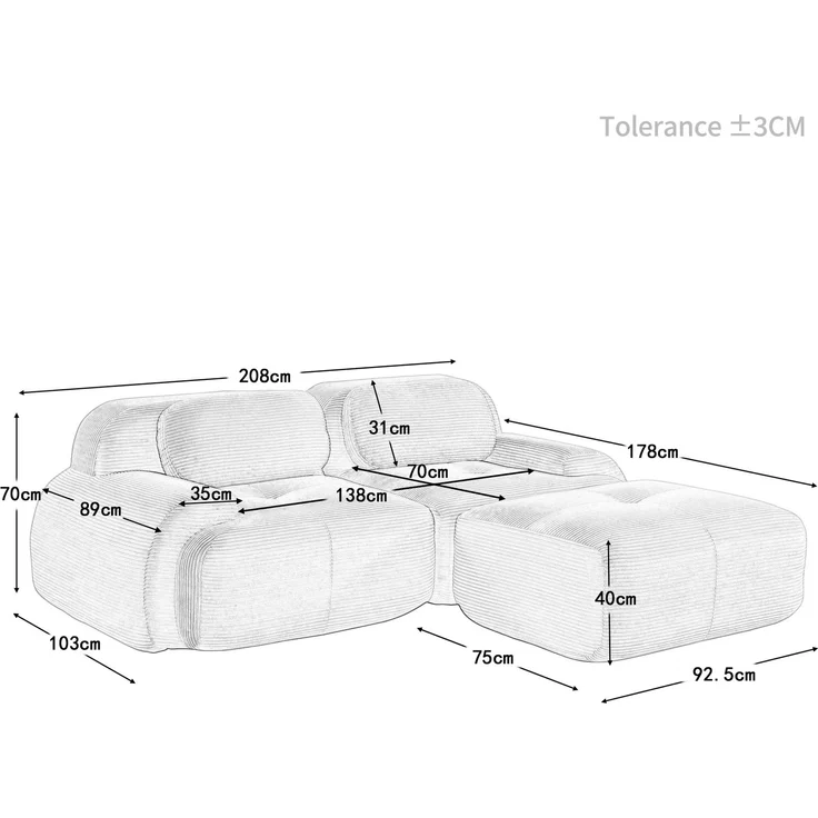 2-Sitzer Sofa 208×178×75 cm aus Cordstoff rahmenlos modular mit 1 Ottomane, beige – Bild 4