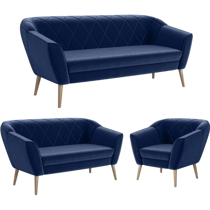 MEBLINI Sofa-Set GISELA 3+2+1 - Blau Samt - für Wohnzimmer - Mini Lounge für sechs Personen - Küchensofa - Sofa Klein - Sitzgarnitur - Polstergarnitur - Sofagarnituren – Bild 1