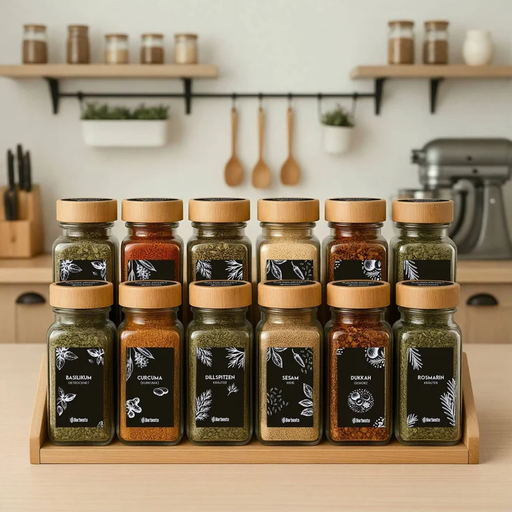 CLP 24er Set Gewürzgläser eckig 120ml Streueinsätze Etiketten Trichter Bürste,natura Holz – Bild 3