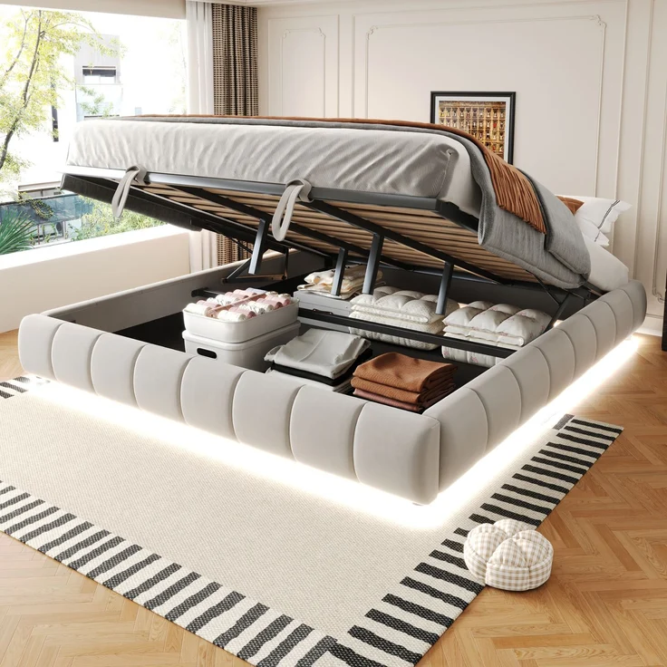 EINHOM Polsterbett 180 x 200 cm, ohne Kopfteil, mit LED-Lichtleiste (Einfarbig), Hydraulischer Schwebebettrahmen mit Stauraum, Einzelbett, Jugendbett, Beige (Ohne Matratze) – Bild 1